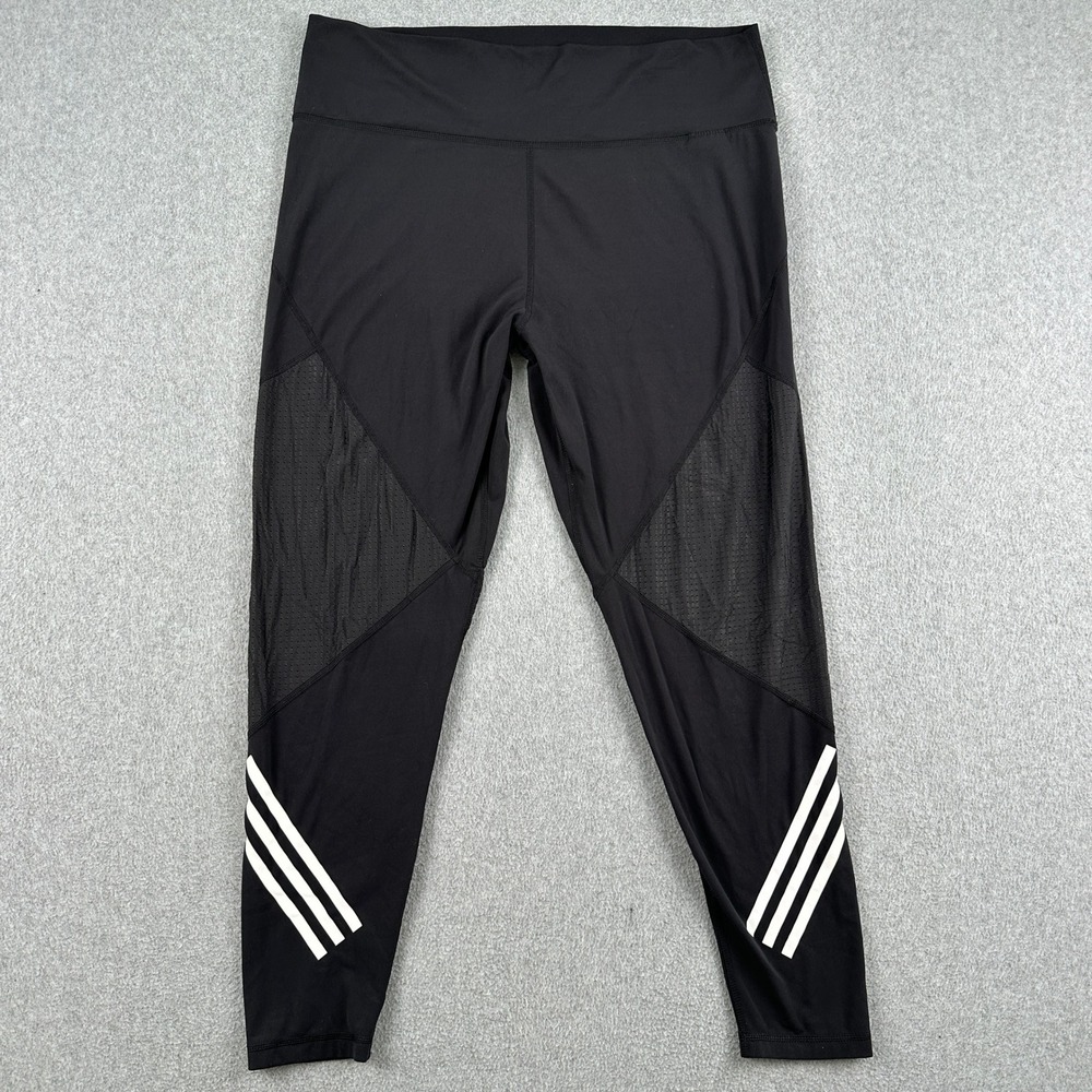 Adidas Leggings Womens XL Black 3-Stripe Mesh Panel Activewear Tight Gym Pants